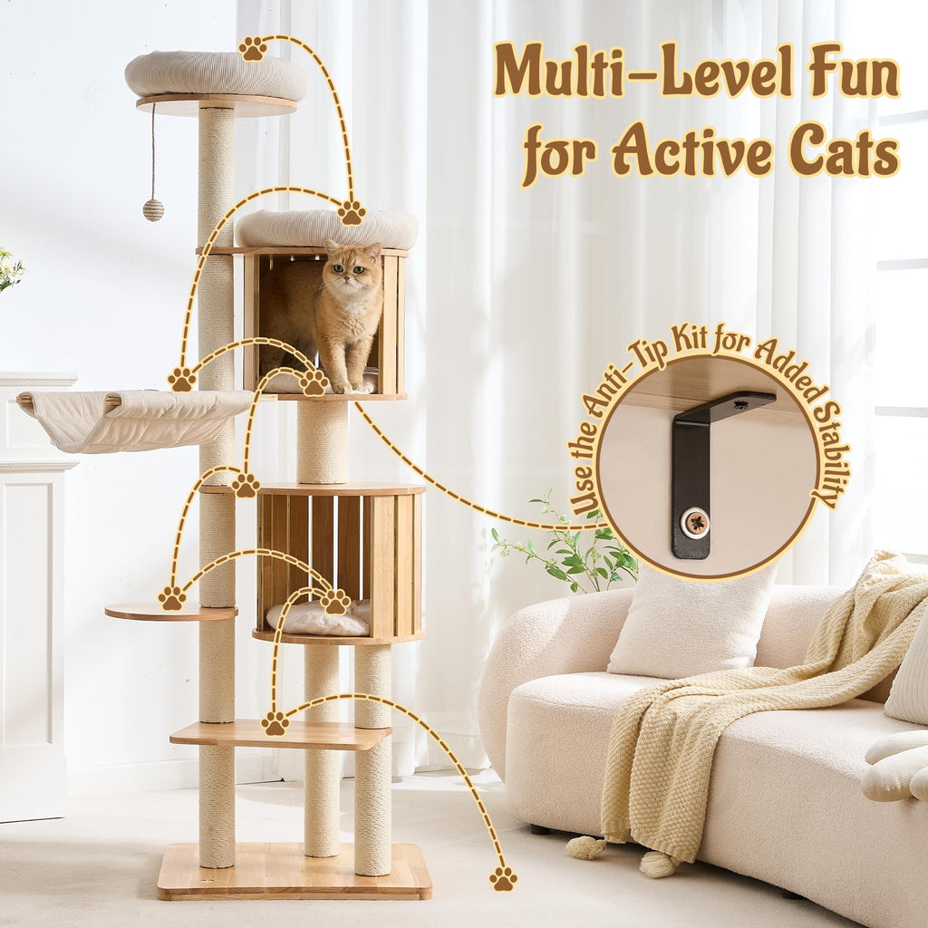 70" Wood Cat Tree with 2 Cat Caves T354