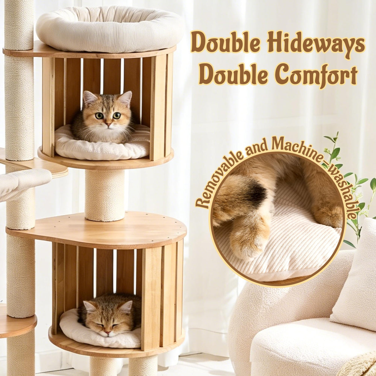 70" Wood Cat Tree with 2 Cat Caves T354