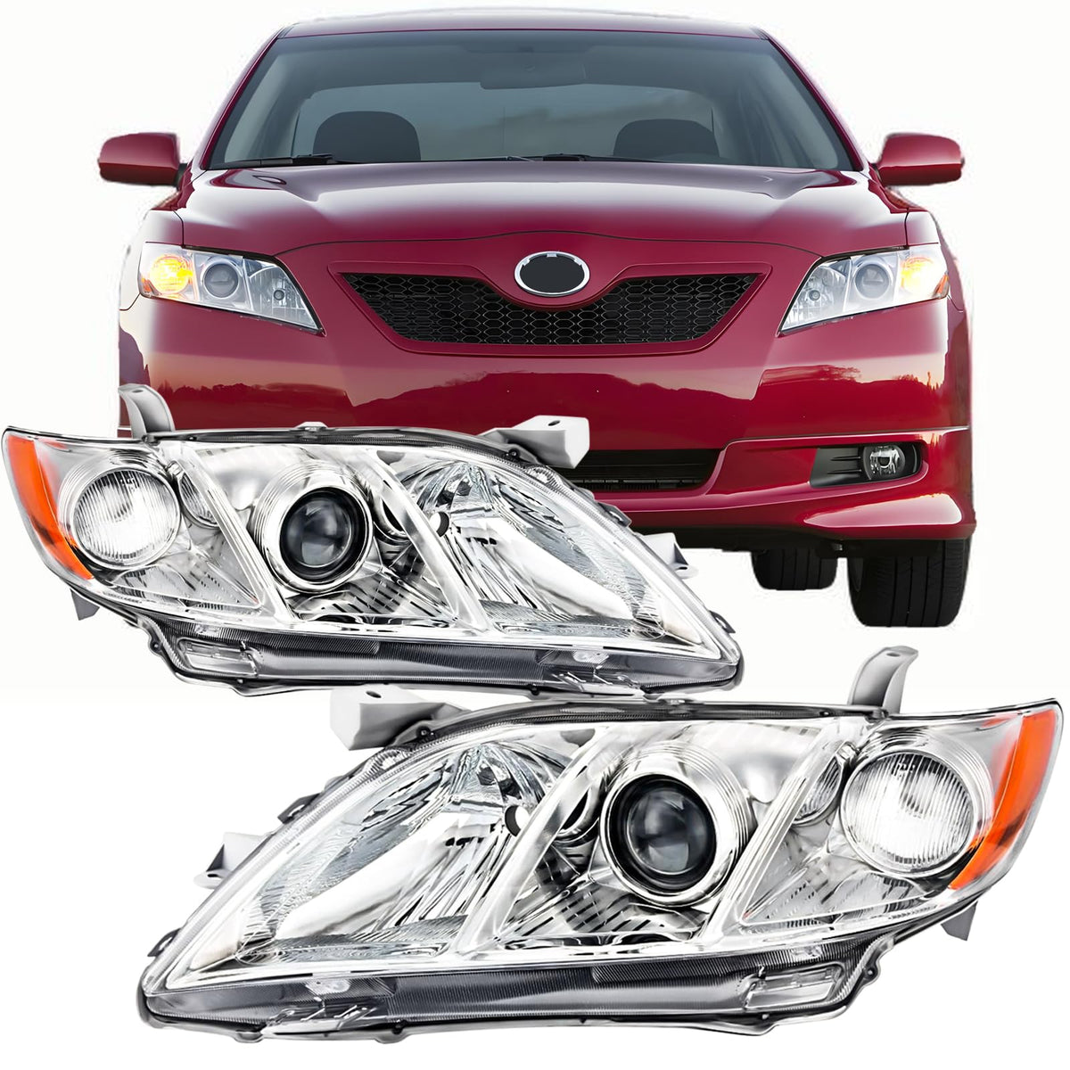Headlights Assembly for 2007 2008 2009 Toyota Camry Chrome Housing Clear Lens V88021