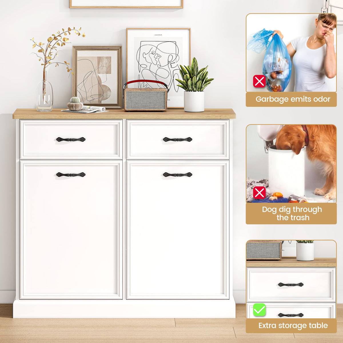 White Wooden Double Tilt Out Trash Cabinet H30013