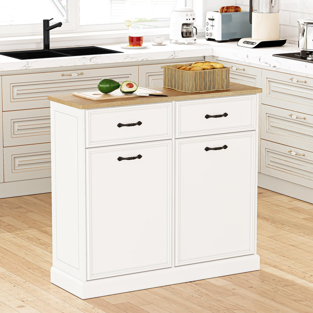 White Wooden Double Tilt Out Trash Cabinet H30013