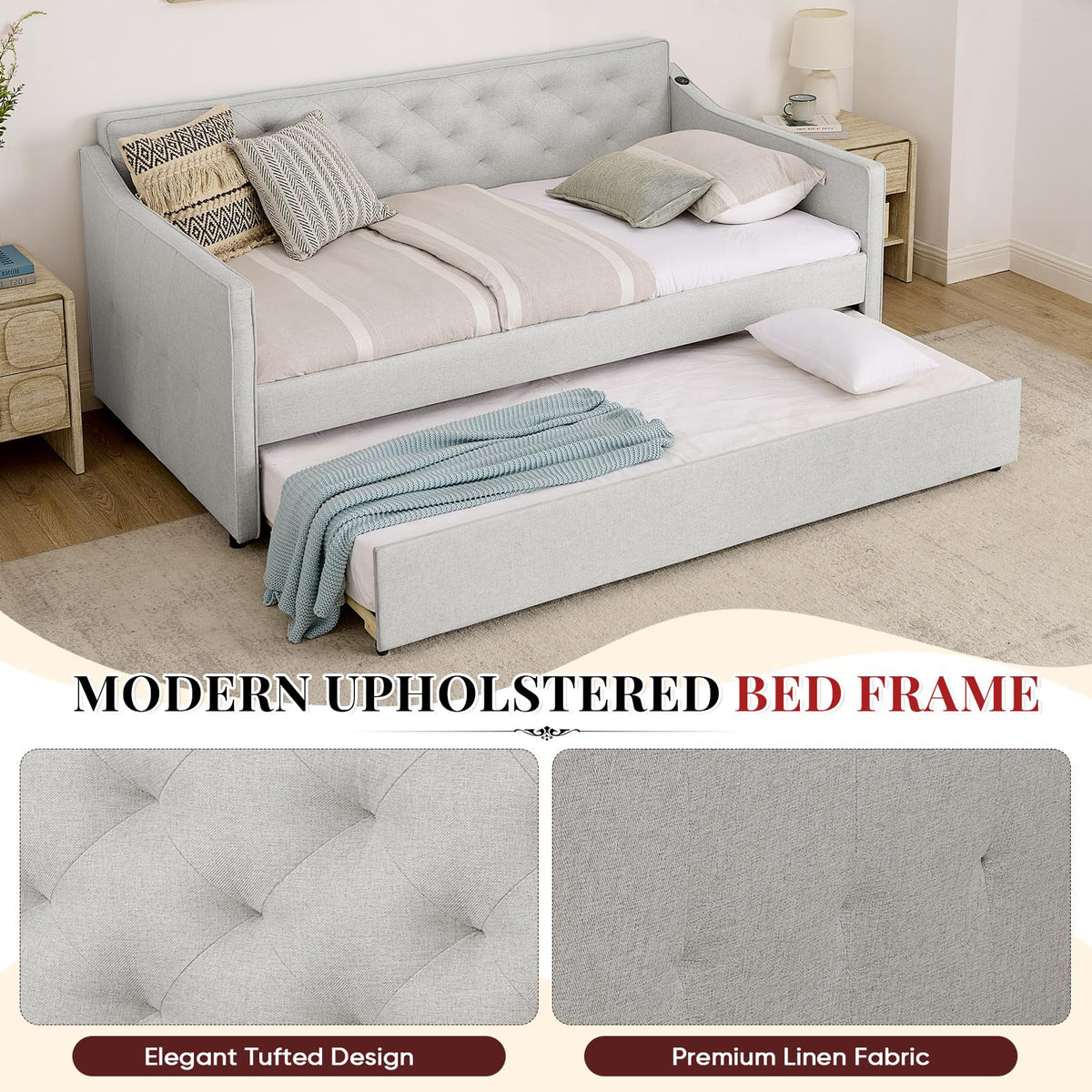 Twin to King Size Beige Daybed with Pop Up Trundle H702
