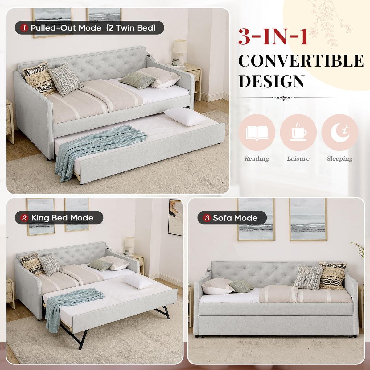 Twin to King Size Beige Daybed with Pop Up Trundle H702