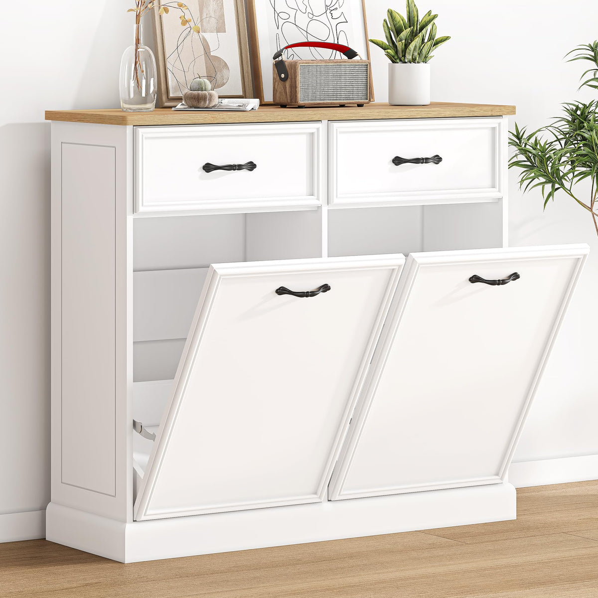 White Wooden Double Tilt Out Trash Cabinet H30013
