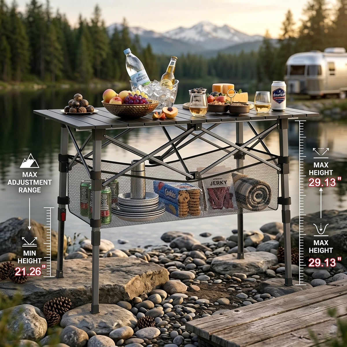 Portable Aluminum Folding Camping Table with Storage Basket P52193