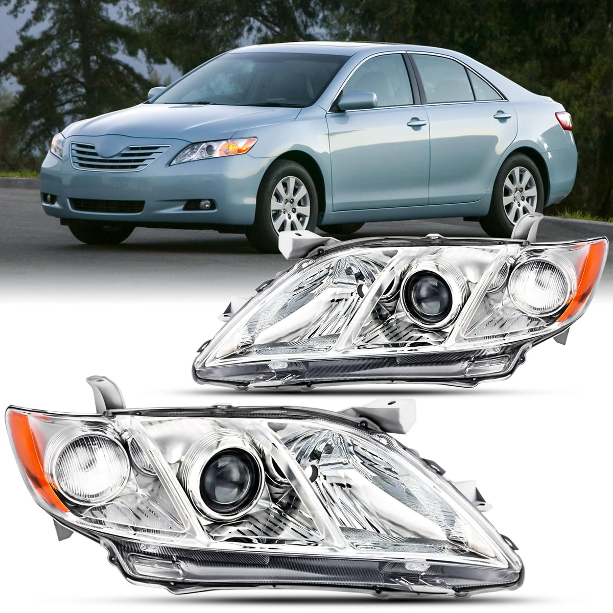 Headlights Assembly for 2007 2008 2009 Toyota Camry Chrome Housing Clear Lens V88021