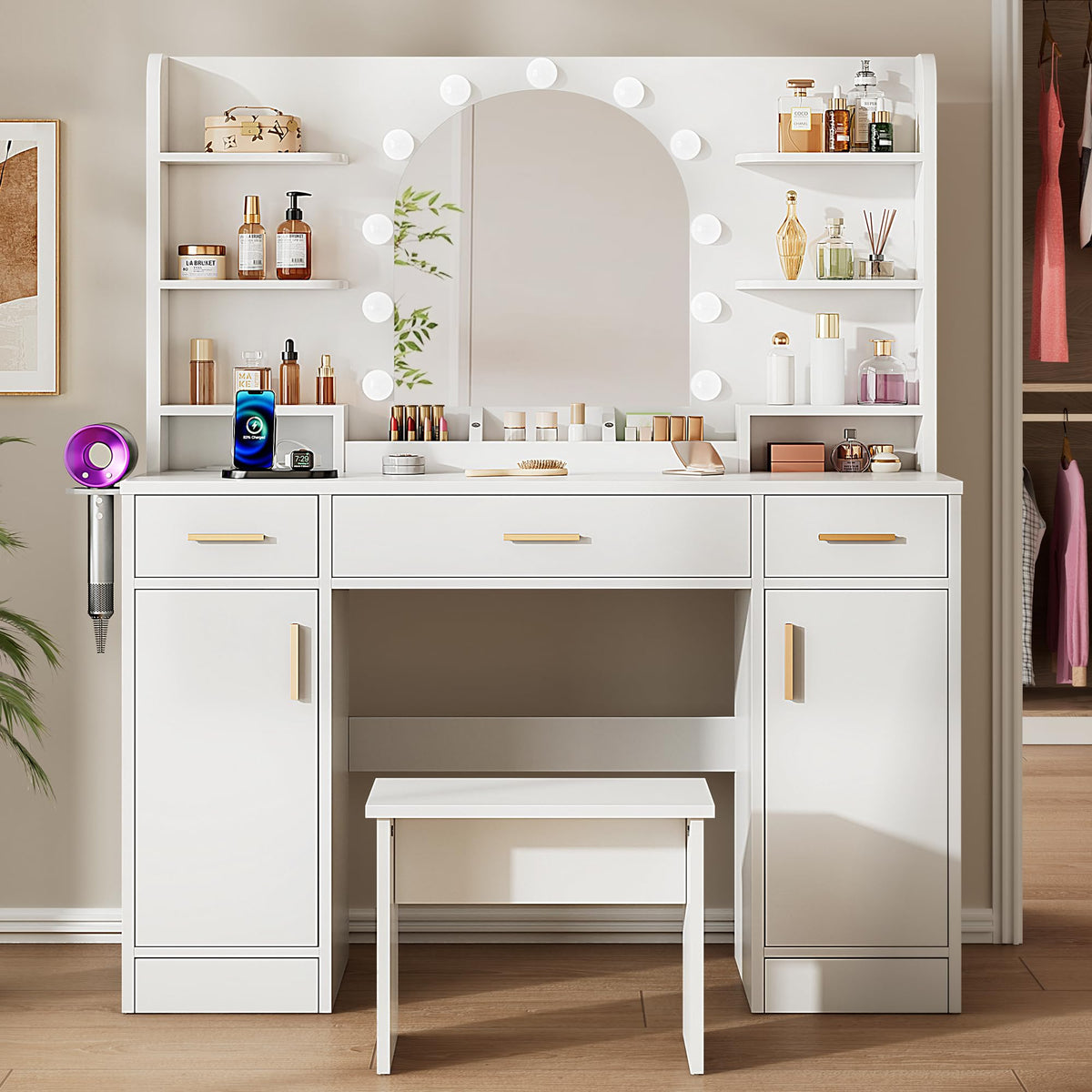White Vanity Desk with Mirror and Lights R877
