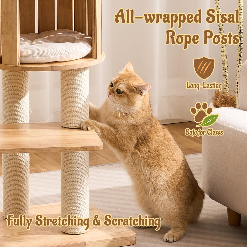 70" Wood Cat Tree with 2 Cat Caves T354