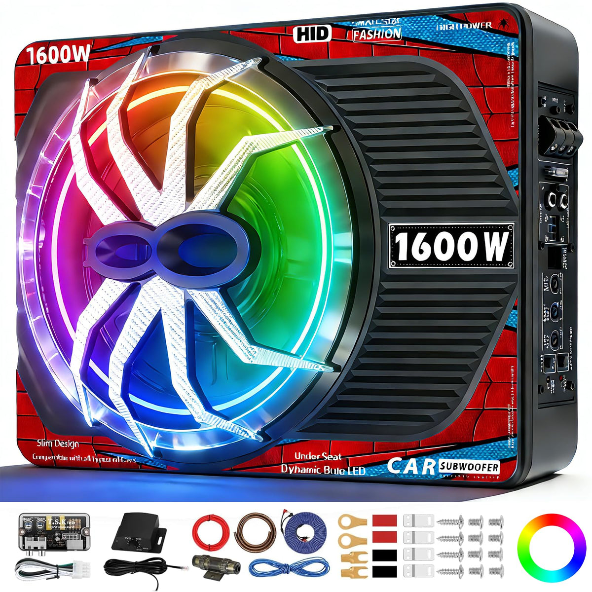 1600W Slim Underseat Car Subwoofer and Amp with RGB Light H65723