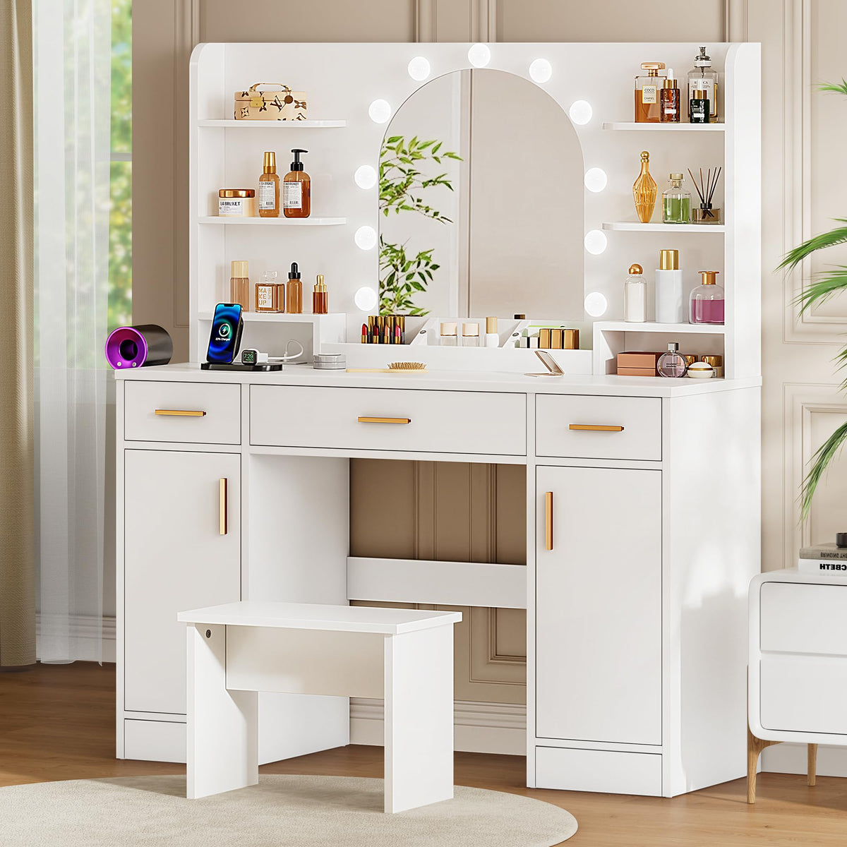 White Vanity Desk with Mirror and Lights R877