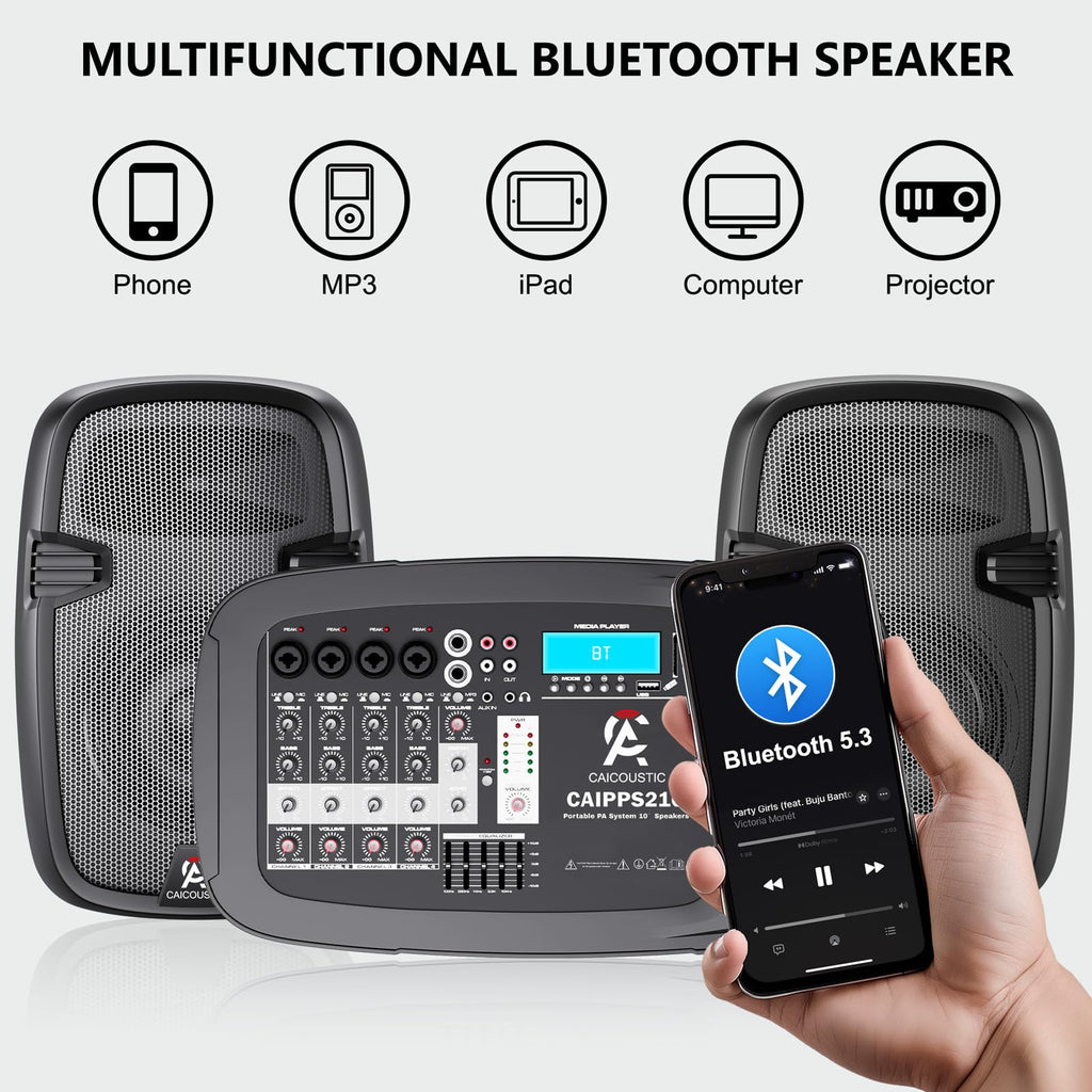 Portable 8-Channel PA System with Bluetooth and 2 Speaker Stands S176