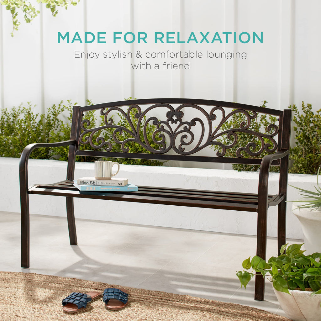 Black Steel Outdoor Bench with Floral Backrest R940237