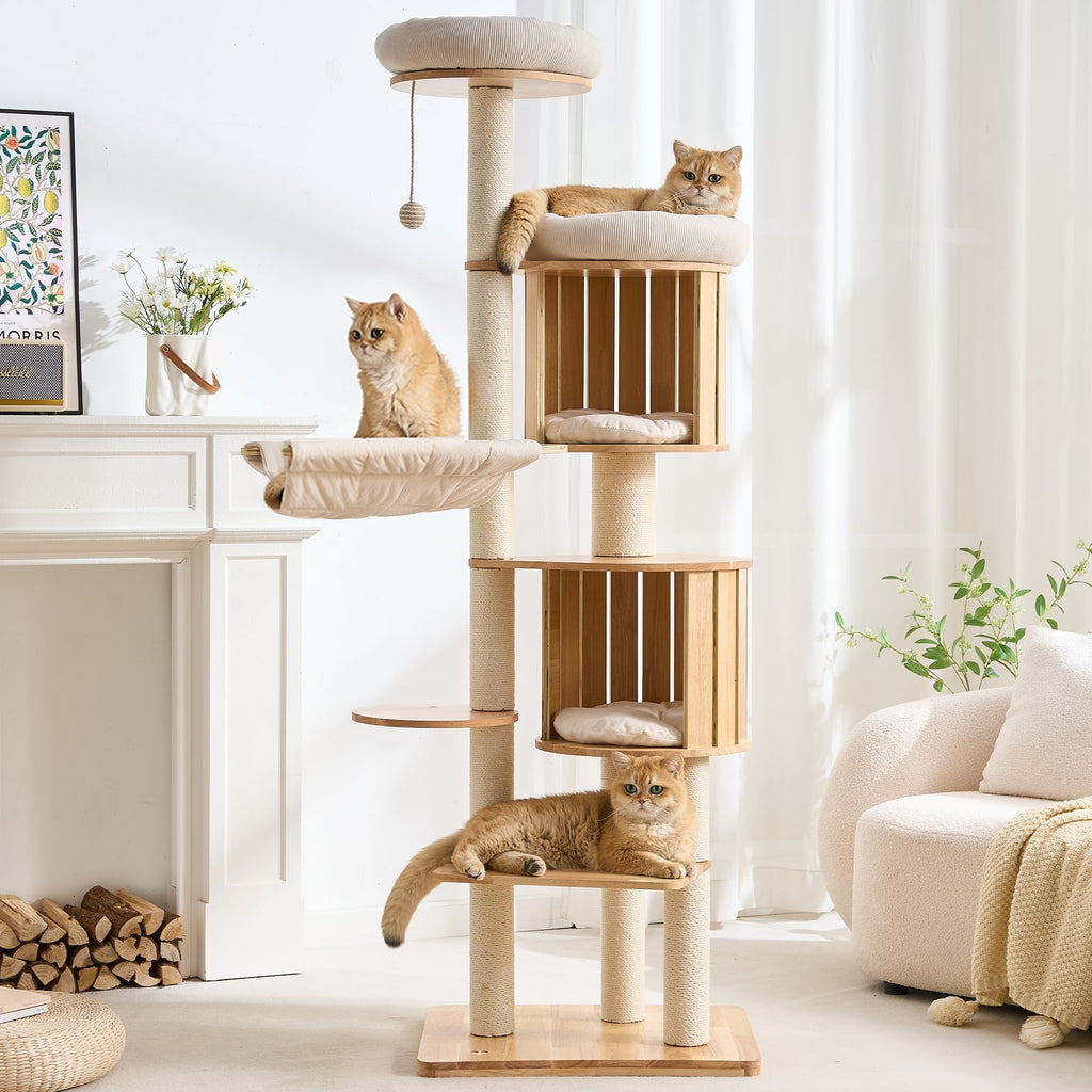 70" Wood Cat Tree with 2 Cat Caves T354