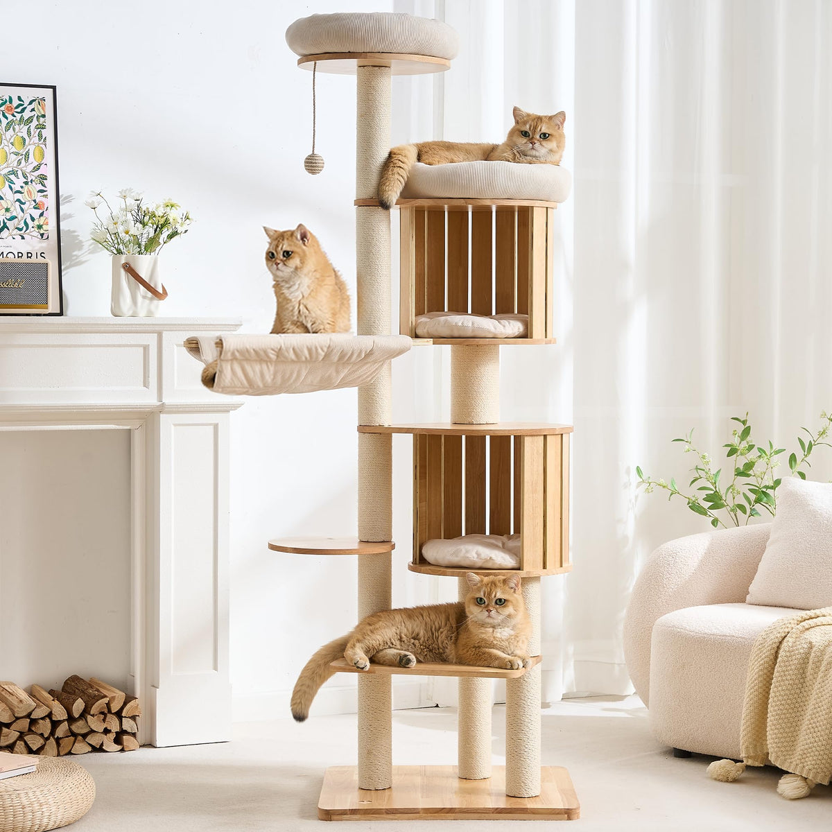 70" Wood Cat Tree with 2 Cat Caves T354