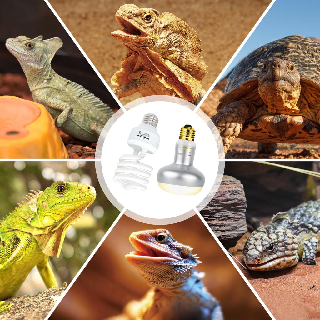 Reptile Heat Lamp Combo Pack with Dual Light Fixture, 100W Basking Spot Light & 26W UVA UVB Bulb H652