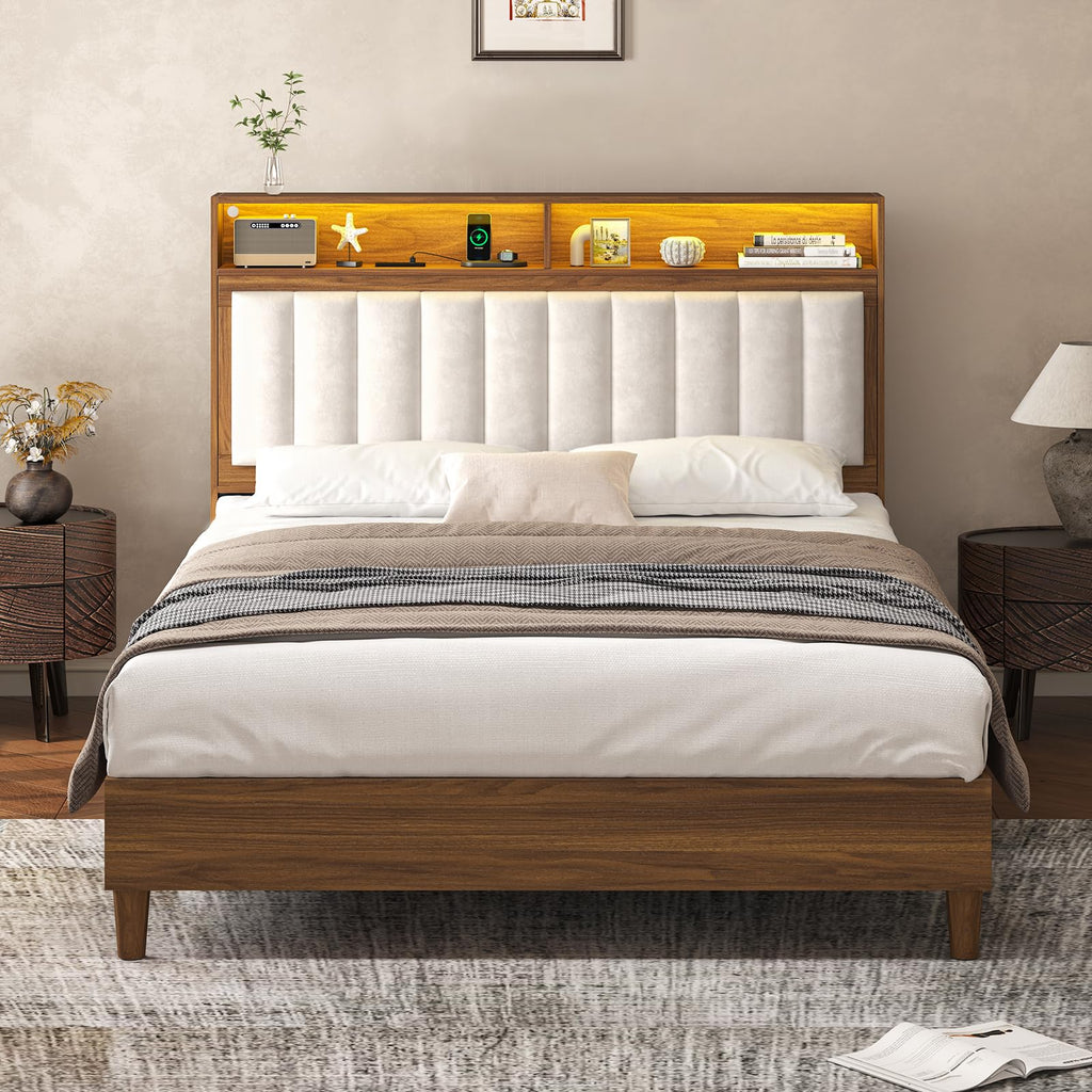 Wood Full Size Bed Frame with Charging Station & LED Lights Y48680