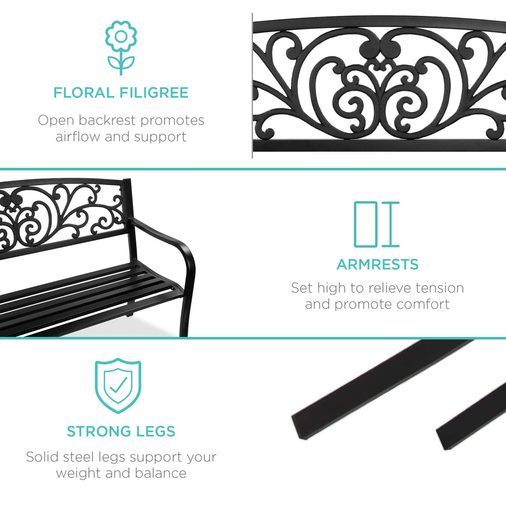 Black Steel Outdoor Bench with Floral Backrest R940237