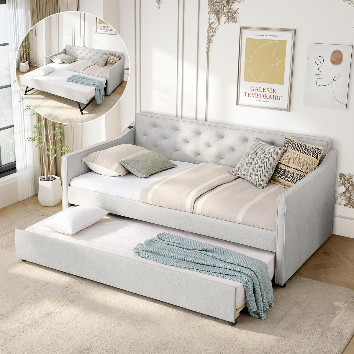 Twin to King Size Beige Daybed with Pop Up Trundle H702