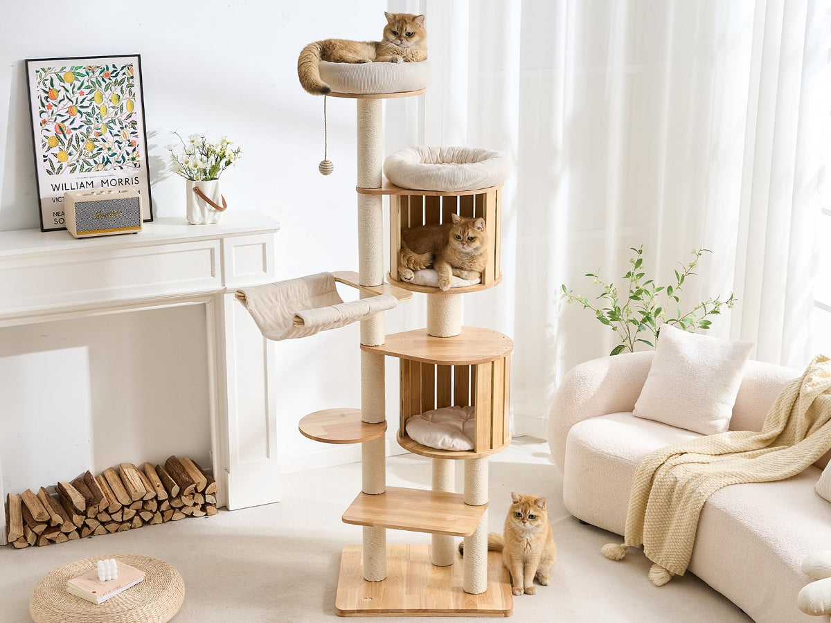 70" Wood Cat Tree with 2 Cat Caves T354
