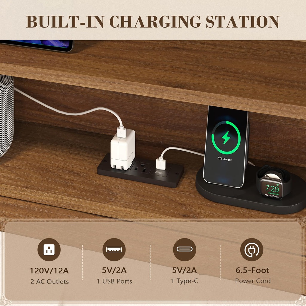 Wood Full Size Bed Frame with Charging Station & LED Lights Y48680