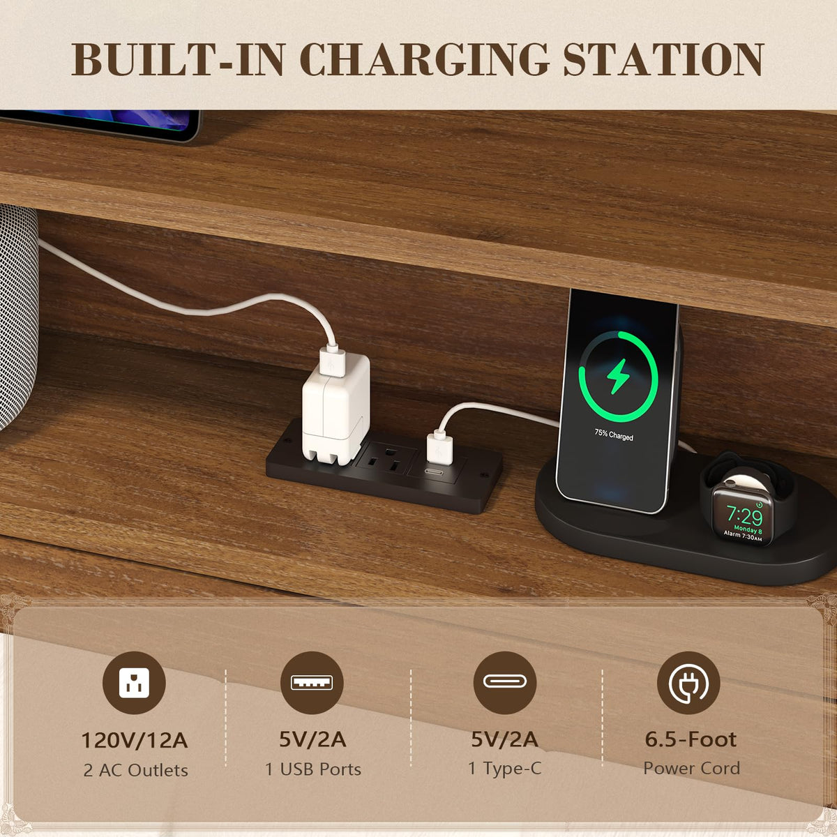Wood Full Size Bed Frame with Charging Station & LED Lights Y48680