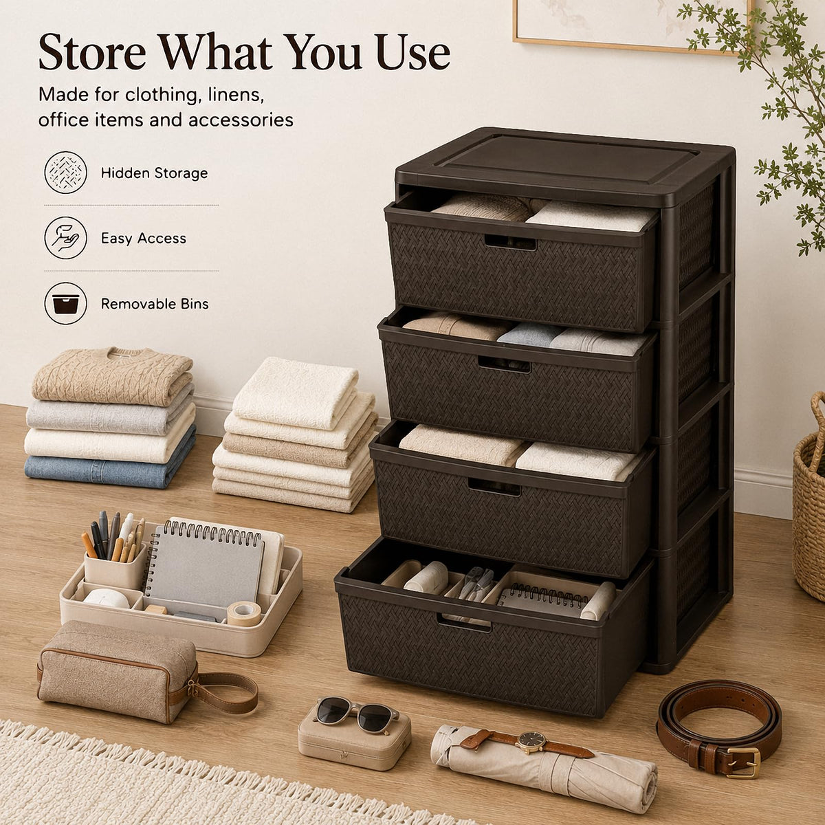 4 Drawer Brown Plastic Storage Tower X4493