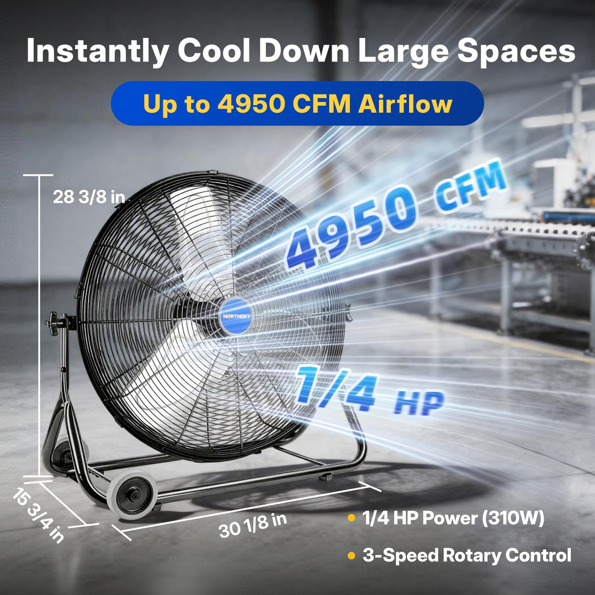 24" High Velocity Industrial Floor Fan, 3-Speed 4950 CFM Metal Fan X277