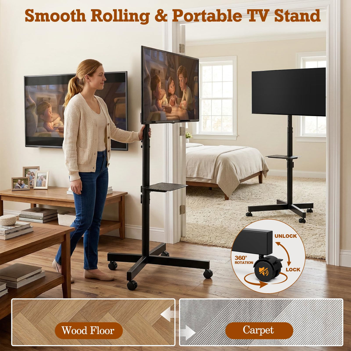 Rolling TV Stand with Wheels for 23-60 Inch Flat Curved TVs H678
