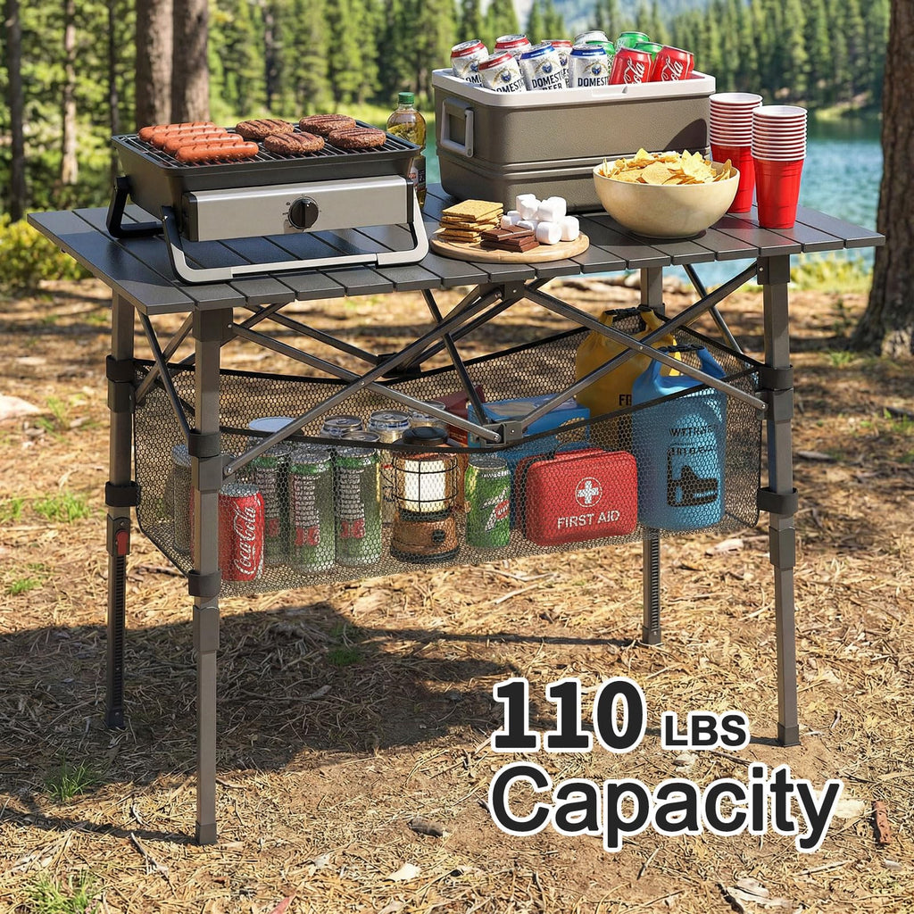 Portable Aluminum Folding Camping Table with Storage Basket P52193
