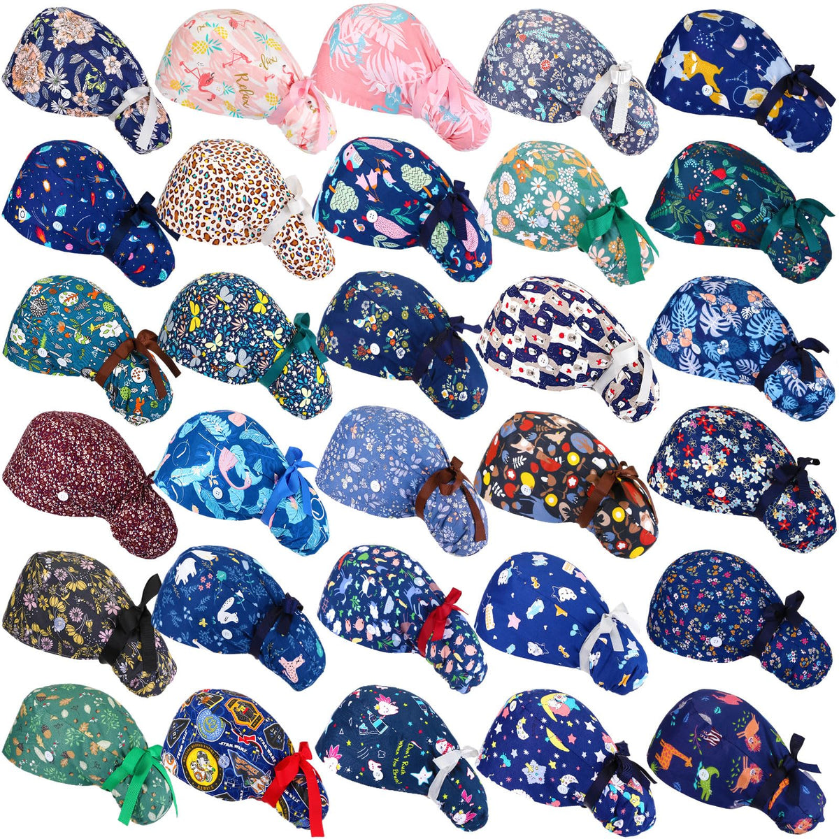 30 Pcs Scrub Caps with Buttons and Ribbon O814