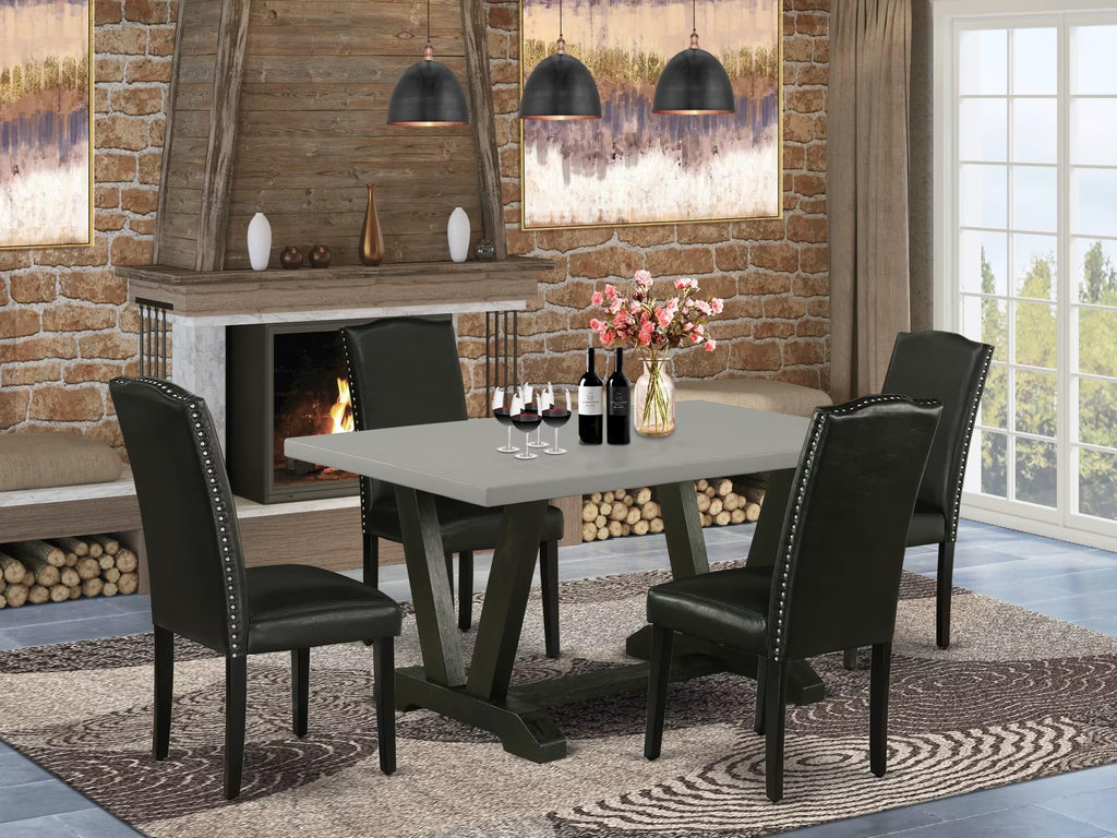 5 Piece Dinette Set with Rectangle Dining Table and 4 Black Faux Leather Chairs M91217