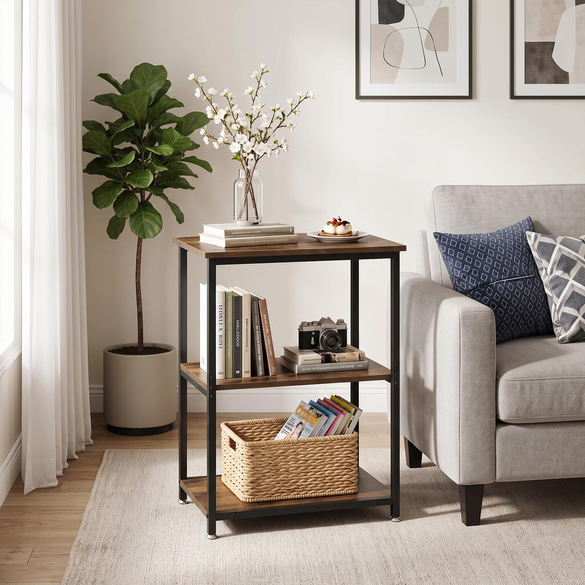 Tall End Side Table with 3-Tier Storage Shelf S660714